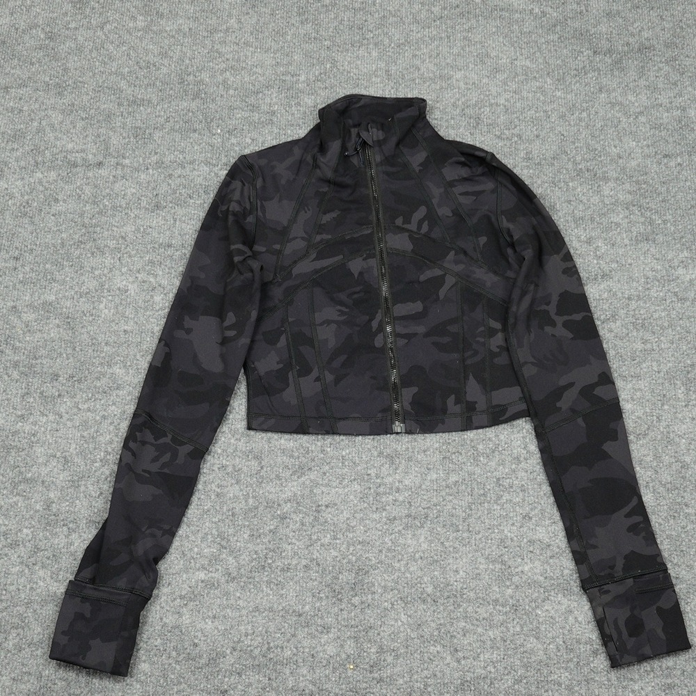 Lululemon Jacket Womens 4 Black Camo Define Cropped Full Zip Active Thumbholes